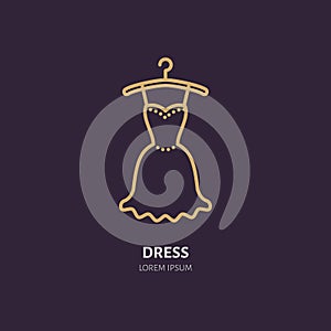 Evening dress on hanger icon, clothing shop line logo. Flat sign for apparel collection. Logotype for laundry, clothes