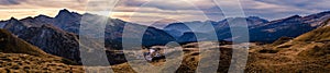 Evening dusk autumn Dolomites panoramic Rolle Pass view, Trento, Italy