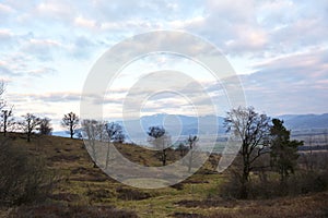 A evening in a early spring landscapeon wild transylvania hills. Brasov. Romania. Low key, dark background, spot lighting, and ric