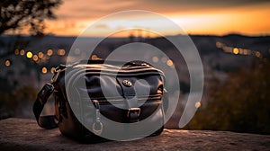 Evening Elegance: Black Leather Camera Bag on Stone Terrace with Cityscape Background