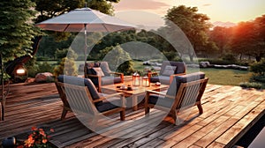 Evening Elegance. The Garden Patio\'s Dance of Wooden Seats, Coffee Table, and Sunset. Generative AI