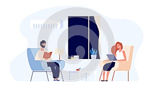 Evening family time. Hygge concept. Flat couple vector illustration. Young man and woman reading in living room