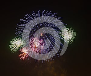 The evening fireworks in the sky in honor of celebration of Victory Day