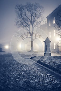 Evening foggy street of old european town