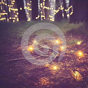 Evening forest, blur bokeh with fairy string lights on ground