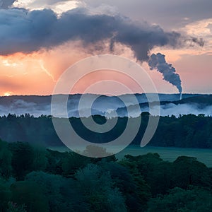 Evening Forest Cloudy Sky with Smoke Over Countryside Landscape