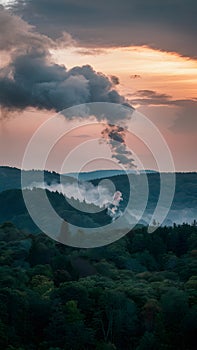 Evening Forest Cloudy Sky with Smoke Over Countryside Landscape