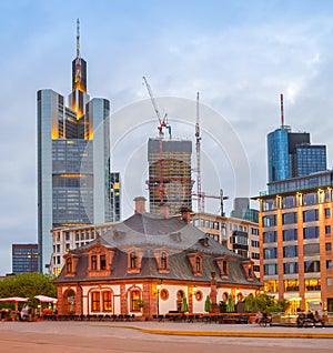 Evening Frankfurt cityscape, illuminated street