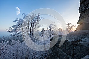 Evening frozen winter landscape with rock and frozen trees