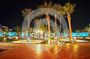 The evening garden of Fantasia Palace, Sharm El Sheikh, Egypt photo