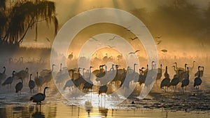 Evening Gathering, Flock of Cranes Wading in a Shallow Misty Lake at Dusk