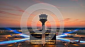 Evening glow over the airport with glowing runways and control tower at dusk photo