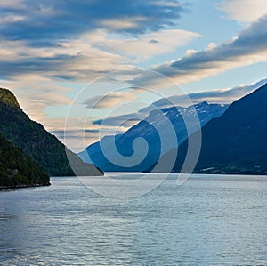 Evening Hardangerfjord fiord landscape, Norway