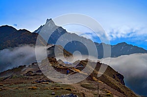 Evening in the Himalaya mountains. Machapuchare peak, Fish tail.