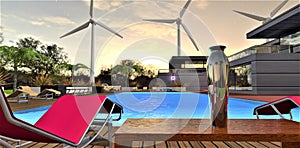 Evening idyll in an eco-friendly recreation area of an amazing futuristic estate. Red sun lounger near the pool against the