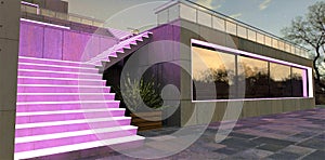 Evening illumination of the stairs of a suburban advanced estate with a purple LED strip. Very well emphasizes the architecture of