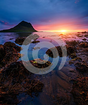 Evening Kirkjufell volcano the coast of Snaefellsnes peninsula