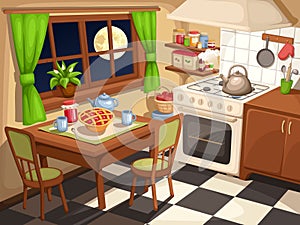 Evening kitchen interior. Vector illustration.