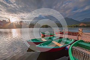 Evening landscape with boats on lake