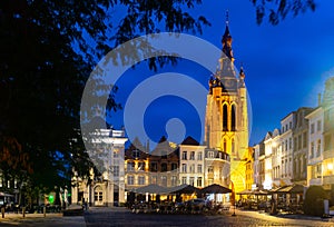 Evening landscape with a view of St. Martin Church in city of Kortrijk photo