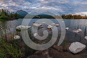 Evening landscape with lake and mountains