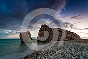 Evening landscape at Petra tou Romiou, the birthplace of Aphrodite. Paphos. Cyprus