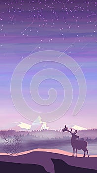Evening landscape, pine forest in fog, deer and snowy mountains, starry sky with falling stars. Vector illustration