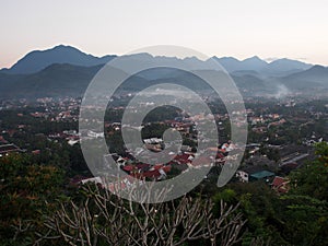 Evening landscape scene view from PHU SI temple over LUANG PRABANG province in LAOS