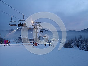 Evening landscape and ski resort