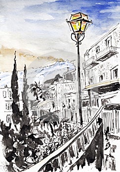 Evening landscape in Taormina with Mount Etna and a lit street lamp.. Hand drawn chinese ink on paper textures. Inkdrawn