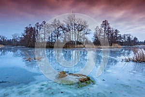 Evening landscape on winter river