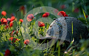 The evening light casts a serene glow on an old helmet surrounded by delicate red poppies, evoking contemplation.