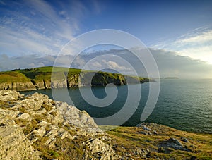 Evening light on the Ceredigion cliffs and Cardigan Island from Mwnt, Wales