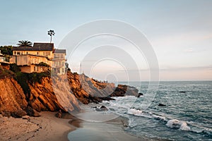 Evening light on cliffs at Wood`s Cove, in Laguna Beach, Orange County, California