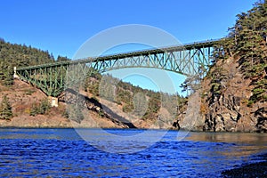 Evening Light at Deception Pass State Park with Bridge connecting Whidbey to Fidalgo Island, Washington