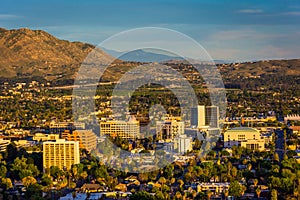 Evening light on on distant mountains and the city of Riverside photo