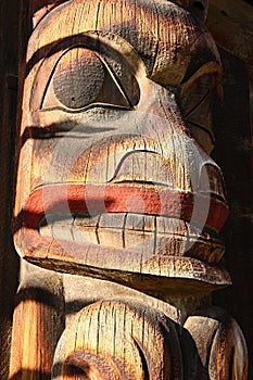 K`san Native Village, Hazelton, Evening Light on Wolf Carving of Gitsan Totem Pole, British Columbia, Canada