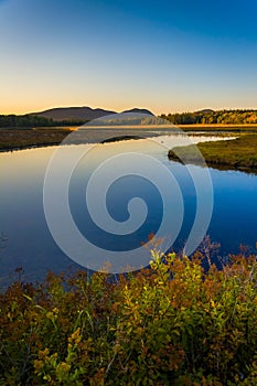 Evening light on a stream and mountains near Tremont, in Acadia