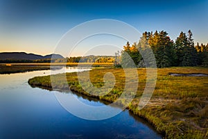 Evening light on a stream and mountains near Tremont, in Acadia