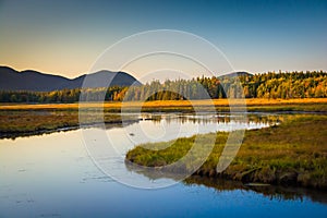 Evening light on a stream and mountains near Tremont, in Acadia