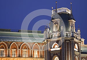 Evening lighting tower of museum Tsaritsyno