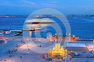 evening Lisbon embankment, cruise liner