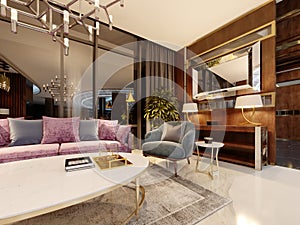 Evening lobby in the hotel, with a purple sofa, two blue armchair, a marble magazine table and a bedside table with a mirror.