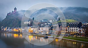 Evening Long Exposure of Clouds and Fog View of Cochem Town, Hills, Castle and Moselle River Front