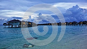 Evening in the Maldives. Dusk. Picturesque clouds on the sky.