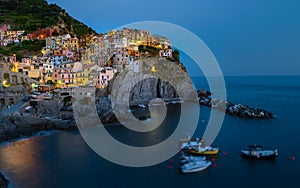 Evening at Manarola Village Cinque Terre Coast Italy. Manarola colorful town Liguria