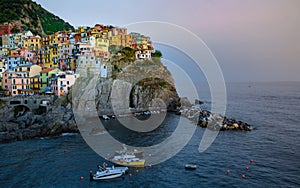 Evening at Manarola Village Cinque Terre Coast Italy. Manarola colorful town Liguria