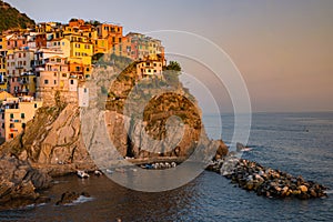 Evening at Manarola Village Cinque Terre Coast Italy. Manarola colorful town Liguria