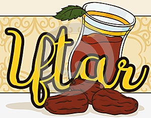 Evening Meal for Iftar: Dates and Arabic Tea with Spearmint, Vector Illustration