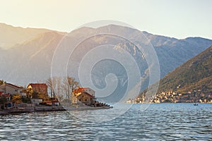 Evening Mediterranean landscape. Montenegro, view of the Bay of Kotor, Stoliv village and Perast town
